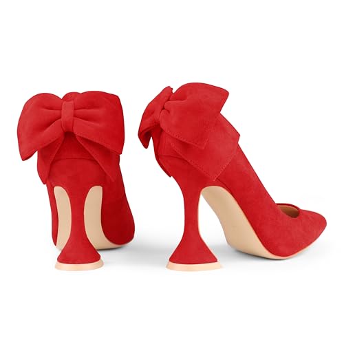 Image of Zzheels Women's Bow Heels Pointed Toe Chunky Pumps | Back Bow, Flare Heels, Block Heels, Bridal Wedding Shoes