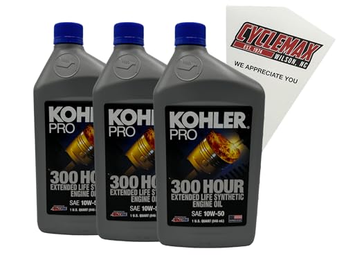 CYCLEMAX Three Pack Compatible with Kohler Pro SAE 10W-50 Extended Life Synthetic Engine Oil 25 357 72-S Contains Three Quarts and a Funnel