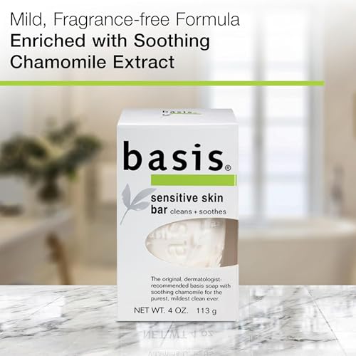 Basis Sensitive Skin Bar Soap for Body, Hands and Face, Unscented Soap Bar for Sensitive Skin with Chamomile and Aloe Vera, 4 Oz, Pack of 6