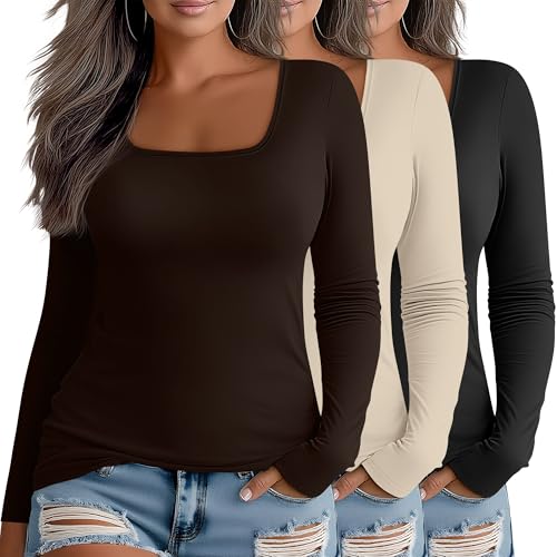 3 Pack Women's Plus Size Tops Square Neck Cotton Long Sleeve Shirts Slim Fit Casual Stretchy Fall Basic Tee