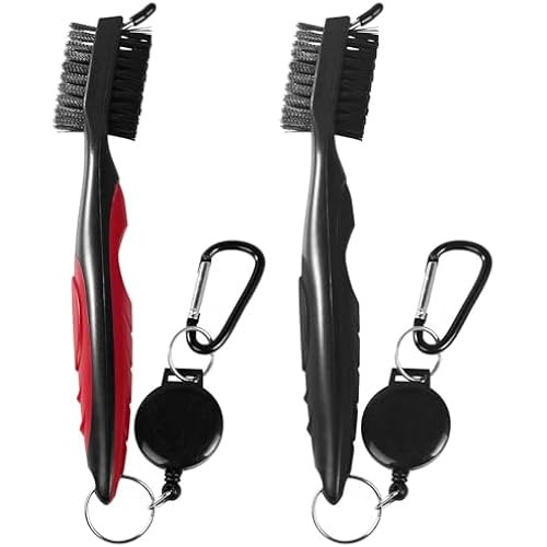 OBTANIM 2 Pack Golf Club Brush Groove Cleaner Tools with Retractable Zip-line Aluminum Carabiner for Golf Club Bag Accessories