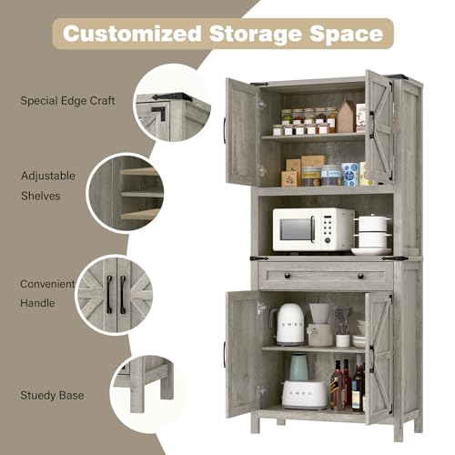 69-Farmhouse-Storage-Cabinet-with-Drawer-6-Tier-Tall-Kitchen-Pantry-Cabinet-Large-Wood-Storage-Cabinet-with-4-Barn-Doors-and-Adjustable-Shelves-Cabinet-with-Storage-for-Living-Room-KitchenGrey 69 Farmhouse Storage Cabinet with Drawer 6 Tier Tall Kitchen Pantry Cabinet Large Wood Storage Cabinet with 4 Barn Doors and Adjustable Shelves Cabinet with Storage for Living Room KitchenGrey