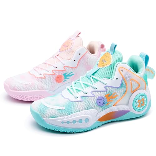 CJSPORX Women Men Basketball Shoes Non Slip Breathable Outdoor Fashion Unisex Sneakers Green&Pink...