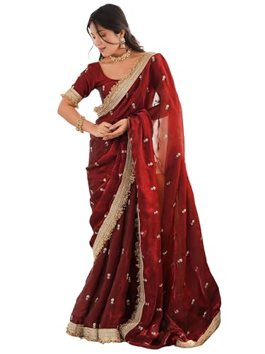Image of AKHILAM Women's Shimmer Off White Georgette Sequence Embroidery Saree With Unstitched Blouse Piece