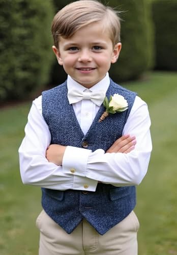 Boys' Tweed Vest for Toddlers Vintage Herringbone Waistcoat V-Neck Formal Wedding Vest3