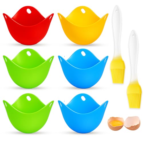 9cm x 6.5cm, 6 Silicone Poached Egg Moulds with 2 Brushes, Egg Poacher Cups, Steaming Egg Cup, Quick Breakfast Solution for Healthy Meals, Camping Cooking Accessories