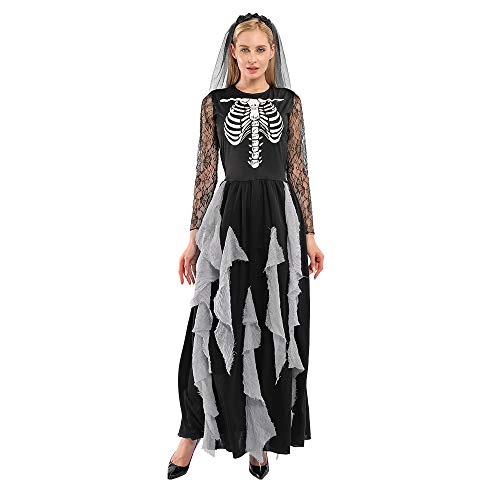 EraSpooky Women Skeleton Zombie Bride Costumes Halloween Cosplay Fancy Party Dress with Hair Band