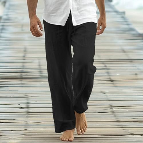 Men Cotton Linen Pants Elastic Waist Drawstring Straight Leg Beach Summer Yoga Casual Loose Fit Trousers2