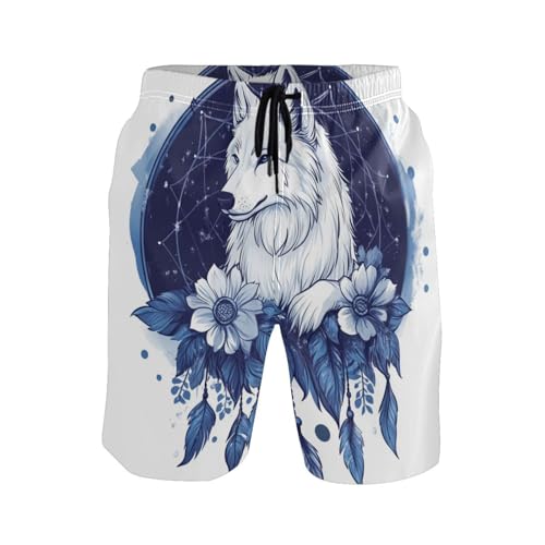 Men’s Swim Trunks Navy Blue Feather Dreamcatcher Wolf Beach Board Shorts Swimming Short Pants Running Sports Surffing Shorts