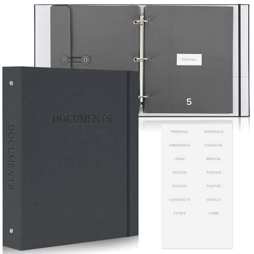 Sturdy Document Organizer Set with Folders - Beautiful Linen 3-Ring Binder Safely Stores All Important Documents & Files in One Place - Easy to Use Expanding Storage Incl. Envelopes, Pockets & Labels