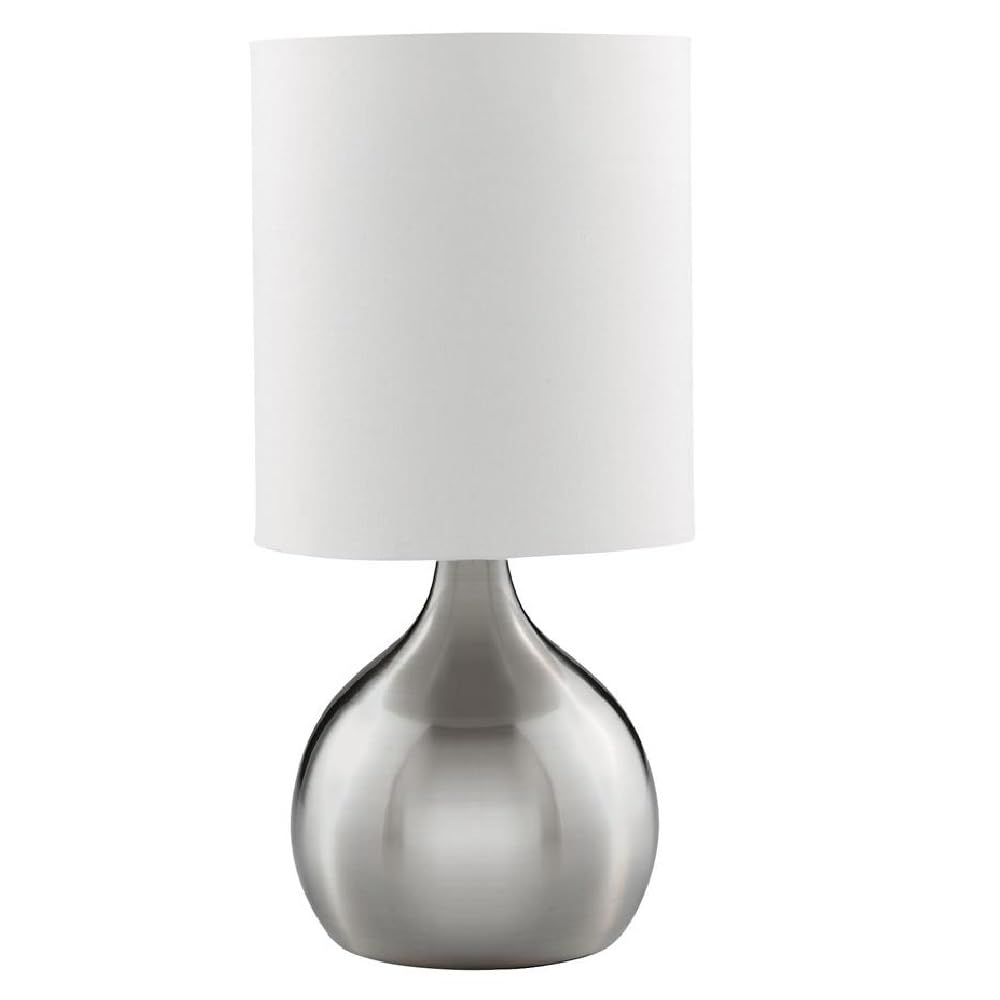 Britalia Satin Silver Chrome Metal Vintage Touch Control Table Desk Lamp with White Drum Shade | 29cm Height | 1 x SES E14 Lamp Bulb Required | UK Approved | 3 Stage Dimmer | Modern Influence