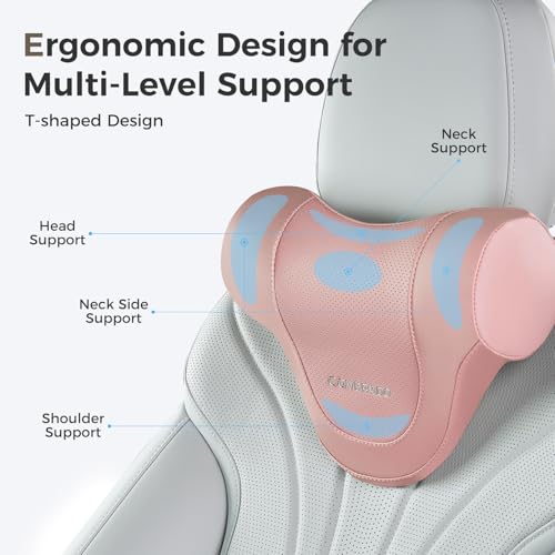 Image of Coverado Car Headrest Pillow, Ergonomic Memory Foam Car Neck Pillow for Driving Seat with Adjustable Strap, Soft PU Leather Breathable Removable Cover Neck Support for Neck Pain Relief, Pink
