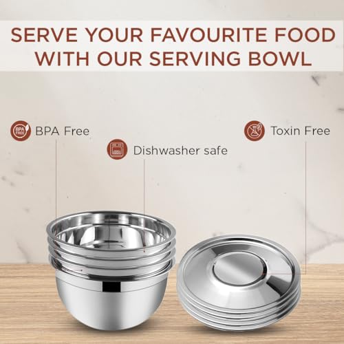 Image of Vinod Kraft Stainless Steel Serving Bowl with Lid Set of 4 pcs - 18cm | Mixing Steel Big Bowl | Salad, Fruit, Desert, katori Set | Matt Finish, Food Grade | 2 Year Warranty - Silver