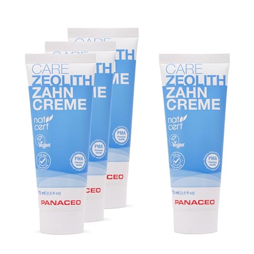 Panaceo Care, dentifricio alla zeolite, 75 ml, 3 + 1 set, cura dentale naturale con olio di menta biologica e aloe vera, dentifricio senza biossido di titanio e senza fluoro, respiro fresco garantito