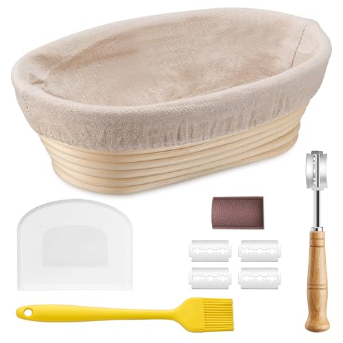 HaWare Cestino per la lievitazione, 25 cm, ovale, set con fodera, coltello da panetteria, raschietto per pasta e pennello da forno, cestino per il pane per la casa e i professionisti, sano e non