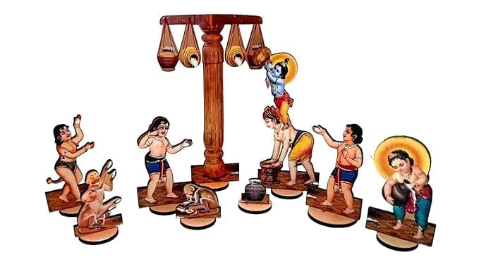 Kanha Ji Temple Decor Makhan Chor Leela Set Haran Leela 3D Wooden MDF Table Top Decoration, Janmashtami Special Krishna Theme Mandir Decor For Home Pooja Room Spiritual Festive Display-image-32