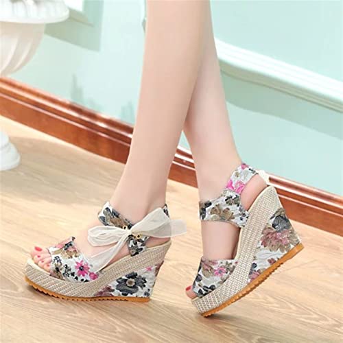 Women Platform Flat Sandals with Ribbon Wedge Ankle Buckle Strap Bowknot Shoes Floral Print Bohemian Beach Open Toe Espadrille Shoes3