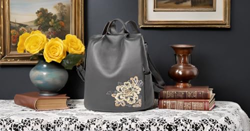 Image of BOYATU Genuine Leather Backpack for Women: Elegant Floral Designer Purse - Small Shoulder Bag for Travel (Grey)