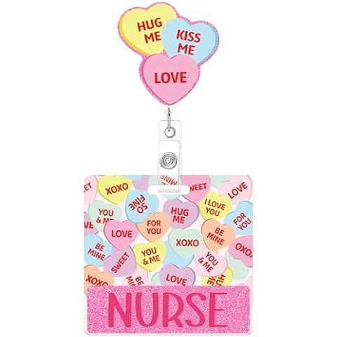 Valentines Badge Reel with Nurse Badge Buddy, Hug Me Kiss Me Pink Love Heart Design Holiday Badge Reels Retractable with Swivel Clip, Valentine's Day Nurse Gifts for RN LPN Cover