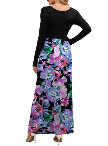 Image of DEARCASE Women's Maxi Dress Long Sleeve Crewneck Loose Plain Casual Empire Waist Fall Party Long Dresses with Pockets