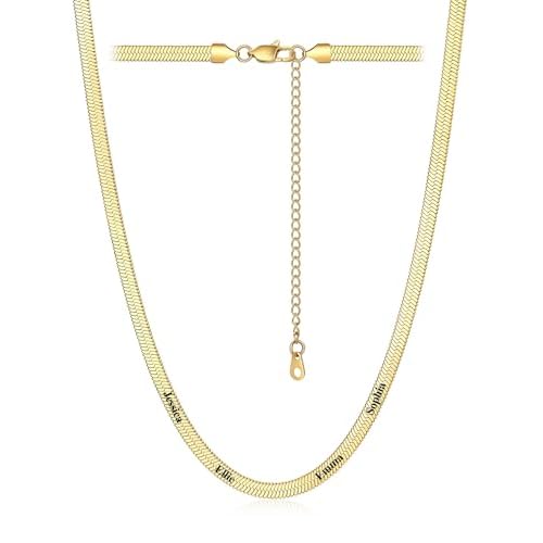 Custom4U Personalized Herringbone Necklace for Women 14K Gold Plated Choker Necklace Stainless Steel Snake Chain Custom Engraved 1-5 Names Adjustable