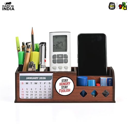 Image of GKD Wooden Motivational Quote Desk Calendar 2026 with Clock & Desk Organizer | Premium Engineered Wood Table Calendar for Office & Home Decor | Corporate Gift | Made in India