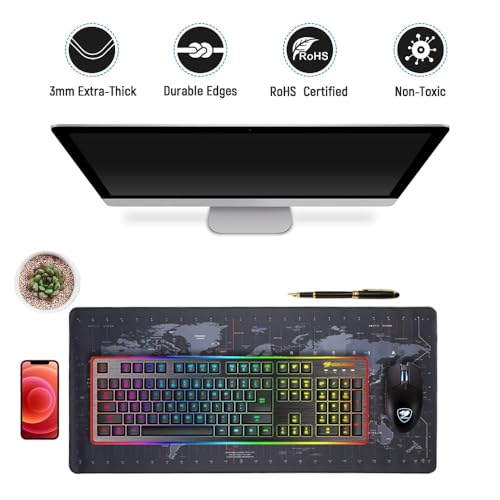 Image of World Map Anti-Slip Extended Desk Mat | Gaming Rubber Stitched Mouse Pad for Laptop & Computer | Water Resistant | 600mm x 300mm (Black, Medium)