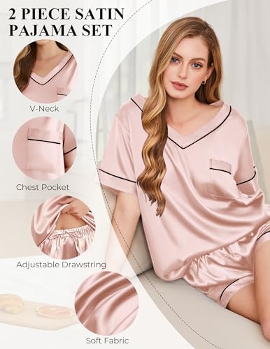 Image of Silk Pajamas for Women Short Sleeve Satin 2 Piece Pj Set Soft V Neck Sleepwear Loungewear, S-XXL
