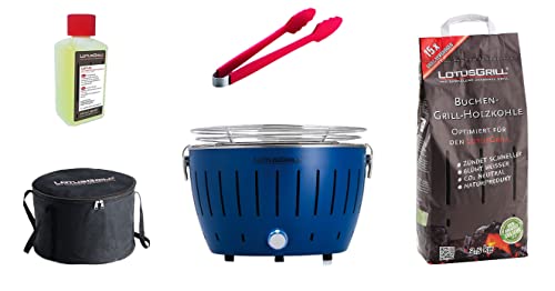 LotusGrill S Small Kompakt Starter-Set Tiefblau der raucharme Holzkohlegrill mit 2,5 kg Buchenholzkohle, 200 ml Brennpaste,1x Zange (Farbe nach Vorrat), 1x Tasche. Stromversorgung USB oder Powerbank