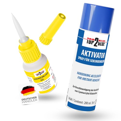 Top2Glue XXL Aktivator Sekundenkleber extra stark wasserfest + temperaturbeständig - Cyanacrylat Alleskleber Set 50g Kleber + 200ml Spray für Metall Holz Glas Gummi Kunststoff Modellbau (gel)