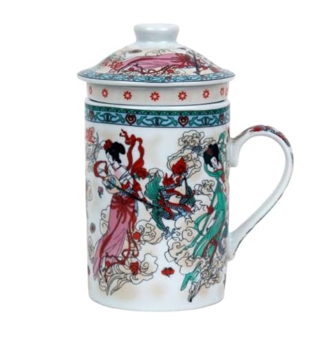 Tazza da tè in ceramica con coperchio + colino per tè sfuso con motivo asiatico (volo del drago, 511) tazza cinese giapponese per gli amanti del tè, in porcellana, idea regalo per caffè asiatico