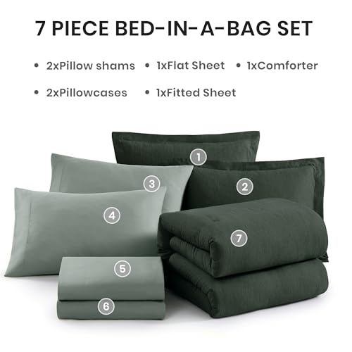 Monbix Queen Comforter Set - 7 Pieces Cationic Dyeing Deep Forest Bed in a Bag Queen Bedding Sets with Comforter, Sheets, Pillowcases & Shams, Reversible Bedding Comforters Sets
