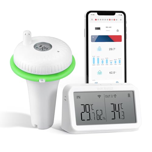 INKBIRD Combinaison Thermomètre Piscine WiFi avec IBS-M2 Passerelle Surveillance 9 Canaux, Contrôle App, Grand Ecran pour Spa,Petit Etang,Aquarium