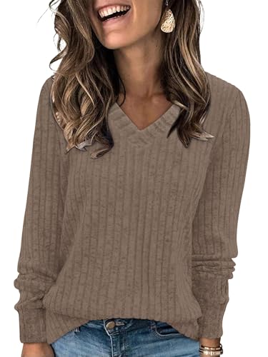 Magritta Womens Tunic Tops Plus Size Shirts Loose Knitwear Sweaters Trendy Long Sleeve Sweatshirt Fall Jumpers V Neck Pullover Ladies Fashion Outfits Light Brown, 26-28