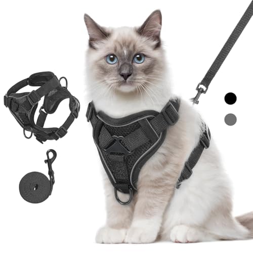 VavoPaw Cat Harness and Leash Set for Walking, Adjustable Kitten Vest Harness with Reflective Strip Breathable Mesh, Escape Proof Soft Pet Safety Vest for Cats, Kittens, Puppies, M, Black