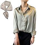 Pantete Womens Satin Silk Button Down Shirt Long Sleeve Casual Office Blouse Top Breathable & Silky Green