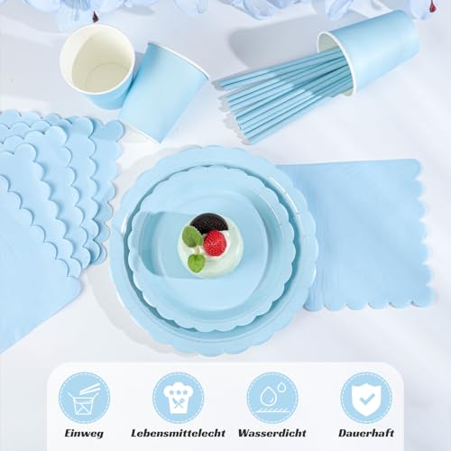 NatNarr 125 StüCk Partygeschirr Set für 25 Gäste, Partygeschirr Blau inklusive Geburtstag Teller Set, Becher, Servietten und Papierstrohhalme für Geburtstag Hochzeiten Babypartys