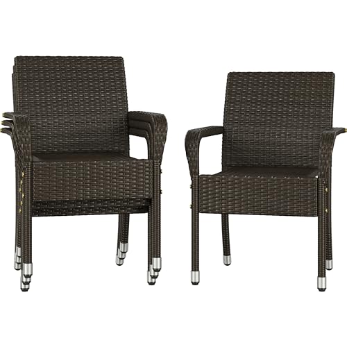 Abician Lot de 4 Chaises de Jardin en Rotin Synthétique Fauteuils Empilables d'Extérieur avec Accoudoirs Cadre en Métal Terrasse Véranda Balcon Salon Salle...