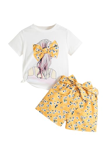 Image of Girl's 2 Pcs Outfits Short Sleeve Graphic T-Shirt Top and Paperbag Waist Shorts Set with Belt (White Yellow, 5T)
