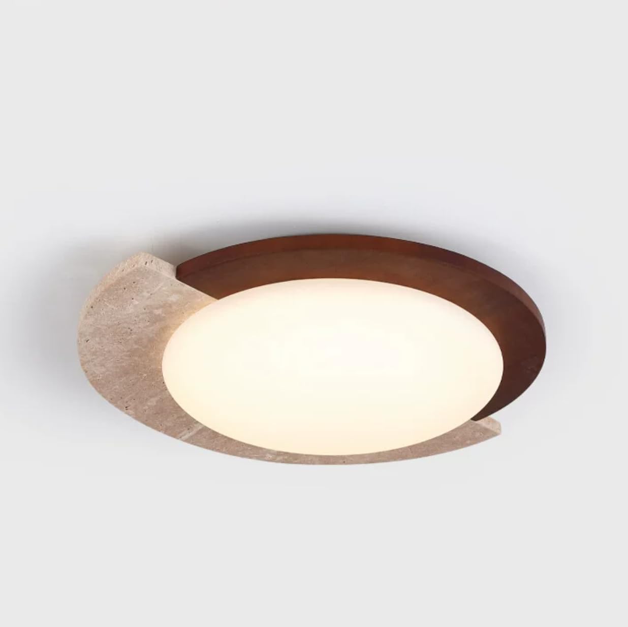 Mid-Century Wood Flush Mount Ceiling Light Round Shape Farmhouse Natural Stone Ceiling Light Modern Travertine Ceiling Lamp Acrylic Shade 17.7" Walnut Color LED Ceiling Lights