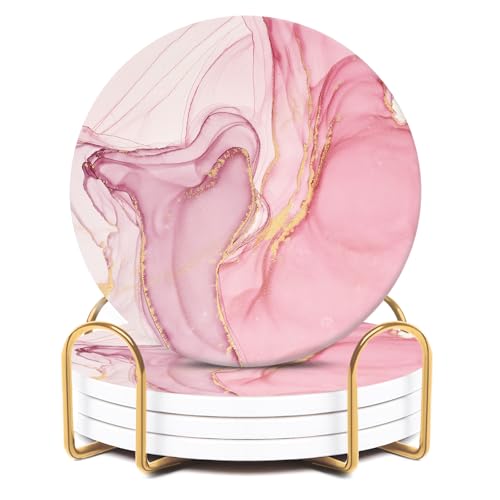 Cute Pink Absorbent Coasters Set of 4 Ceramic Coasters with Gold Holder