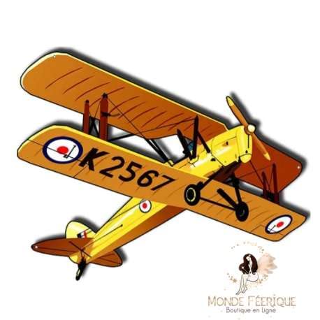 Plaque Metal Avion Jaune 55cm Monde Féérique pour Rompre la Monotonie d'un Mur