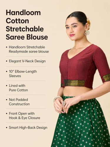 Image of Studio Shringaar Women's Handloom Cotton Stretchable (Smocked) Saree Blouse with Temple Zari Border