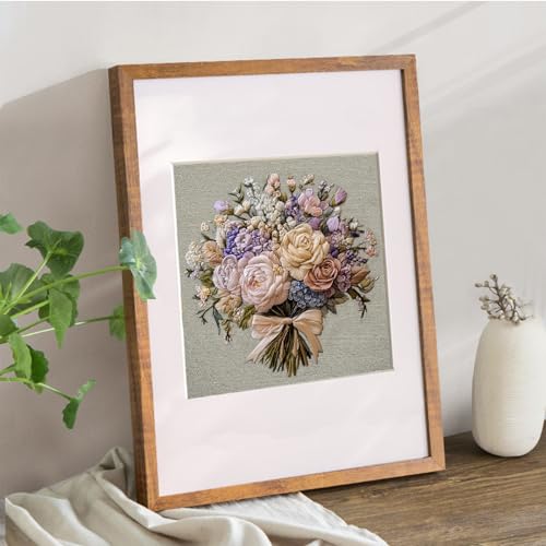Image of FONNUY Bouquet Flowers Embroidery Kit for Beginners, Pre-Stamped Pattern Kits for Adults with Hoop, Easy to Follow Color Thread Needlework, 8'' Hoop (Timeless Elegance)