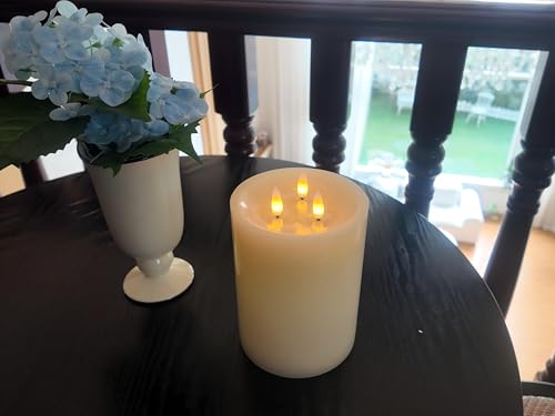Image of 3-Wick Flameless Pillar Candle with Remote Timer, 3D Moving Flame Real Wax Led Candles (Ivory with Art Water top, 6.5in)