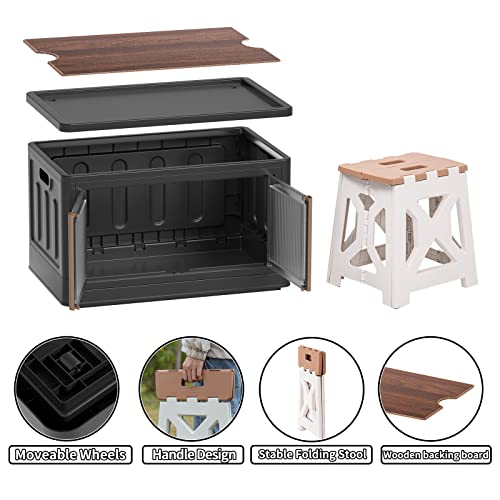 Haixin Outdoor Storage Box With Wooden Cover And Foldable Chair Collapsible Storage Bins With Lids Stackable Outdoor Patio Furniture For Home Office Plastic Camping Car Storage Picnic (1 Set-8.4 Gal) #TOP2