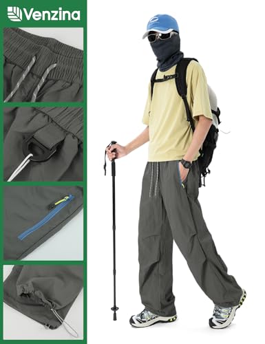 Image of Venzina Men's Parachute Cargo Trousers Lightweight Quick-Drying Hiking Pants Water Resistant Drawstring Cargo Pants for Camping, Fishing, Travel, Safari, M - XXL