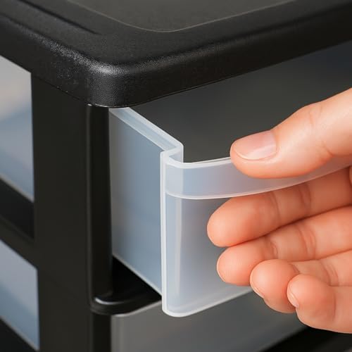 A4 PLASTIC STORAGE DRAWERS DRAW TOWER UNIT OFFICE DESKTOP TABLETOP HOME SCHOOL GARAGE MODULAR & PORTABLE DRAWERS OFFICE DESK ORGANIZER SLIM A4 SIZE 2|3|4|6|8 TIERS (Black/Clear, A4 Slim 3 Drawers) - Image 4