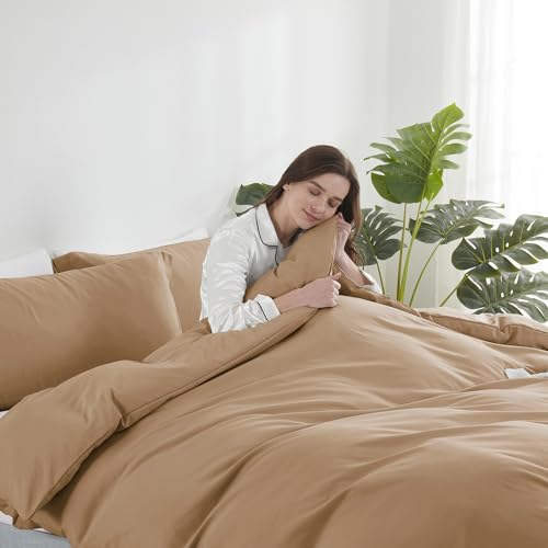 Image of Hearth & Harbor Mocha Brown Duvet Cover Queen Size, 3 Piece Bedding Set | Soft Double Brushed Bedding Set, Button Closure, 1 Duvet Cover 90x90 Inches, 2 Pillow Shams
