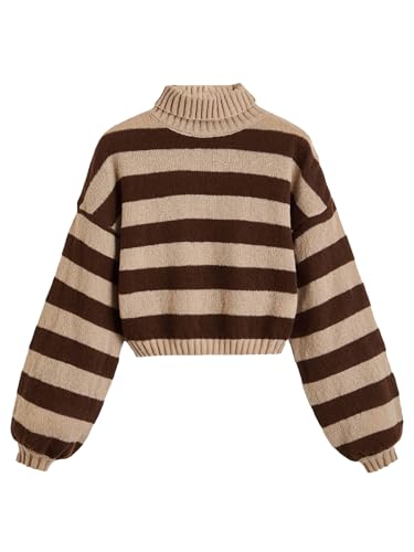 Image of WDIRARA Women's Striped Pattern Turtleneck Long Lantern Bishop Sleeve Stretchy Knitted Sweater